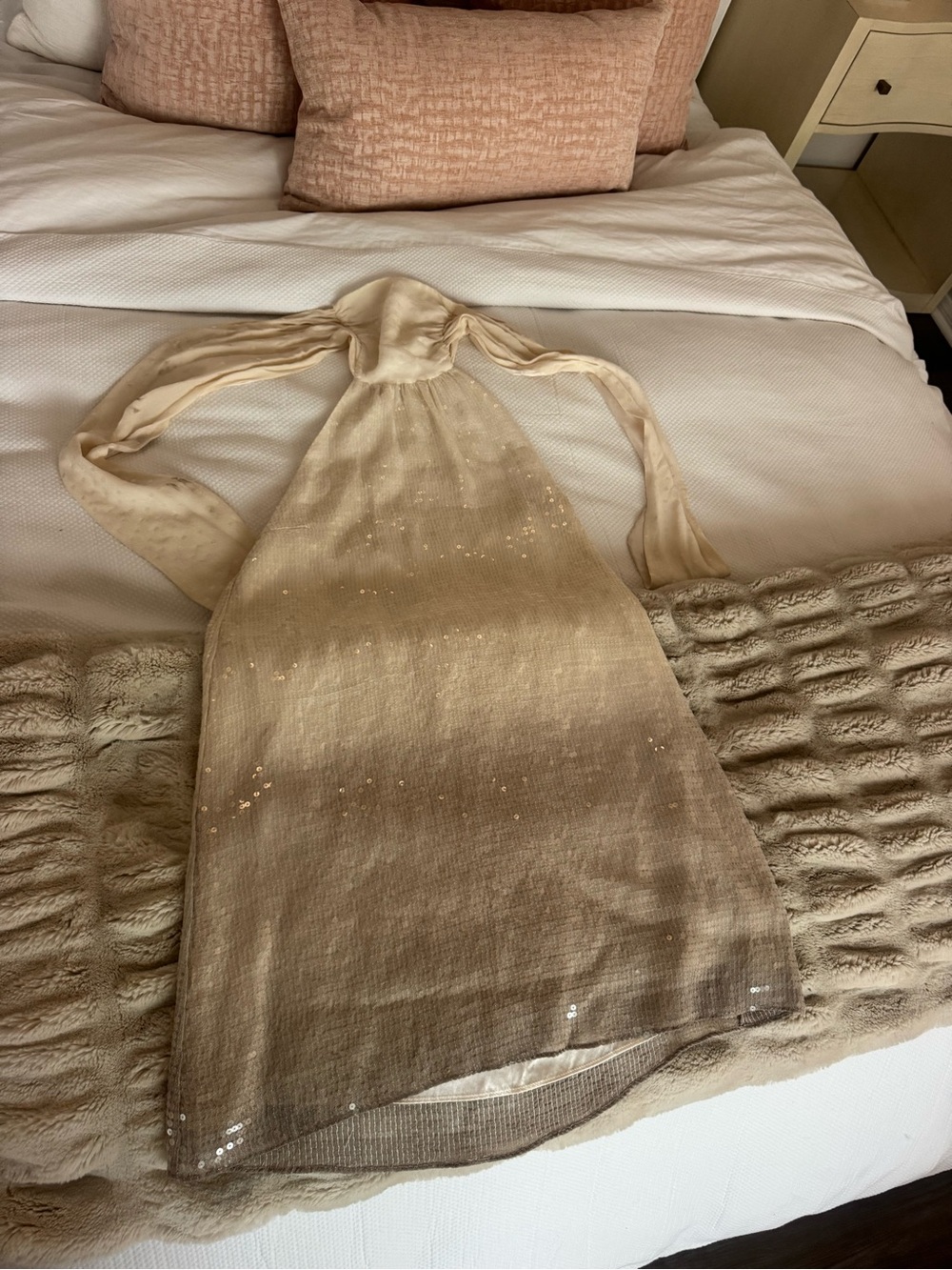 Alice + Olivia Beige Halter Sequin Dress